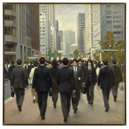 painting of japanese commuters heading to the central business district of tokyo, painted by laurence stephen lowry, oil on canvas, national gallery