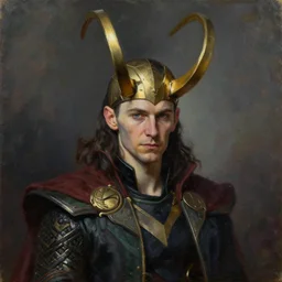 hyperrealism fantasy oil portrait of loki, scandinavian mythology