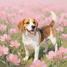 white and brown beagle dog playing in a full of pink flowers, by Quint Buchholz, light pastel colors, detailed, bright daylight, happy