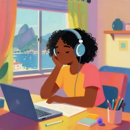 lo-fi colorful masterpiece by Ross Tran, WLOP, Dan Mumford, Christophe Vacher, painting, black girl, curly hair, with headphones, studyng in bedroom, window with rio de janeiro view, lo-fi illustration style, by WLOP, by loish, by apofis, alive colors