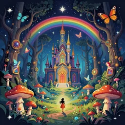 steampunk sancturay, enchanted cosmic forest, mushrooms on the ground, small fairies, stars in the sky, butterflies, rainbows, psychedelic, wide angle shot, vector art, optical illusion, heavenly underwater, 4 k, fantasy poster by helen huang and frank frazetta and salvador dali
