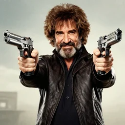 Bob Ross as an action movie poster, dual wielding high-caliber pistols