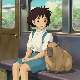 a young girl and her pet capybara sitting in a train, art by hayao miyazaki, studio ghibli film, hi res, 4k, high detail