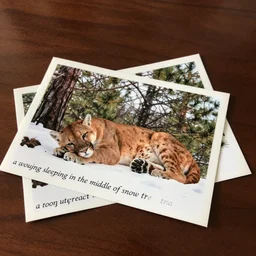 torn up postcard showing 'a cougar sleeping in the middle of snowy pine tree' laying on coffee table, zoomed out shot, HD, iphone capture