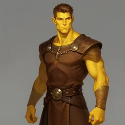 tall, lean handsome orc with short brown hair. He wears fine brown noble clothes. His skin is a vibrant golden yellow. by craig mullins, featured on artstation