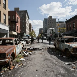 wide angle shot of dilapidated zombie - apocalypse new york city in real life, desolate with zombies, dilapidated, zombies on the streets, nightmarish, some rusted style parked vehicles, sunny weather, few clouds, volumetric lighting, photorealistic, daytime, autumn, sharp focus, ultra detailed, cgsociety