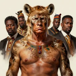 formal portrait. president trump with painted bare chest, wearing hyena skins. digital art by eugene de blaas, ross tran, and nasreddine dinet, traditional african color scheme, intricately detailed, in the style of romanticism. artstation, greg rutkowski