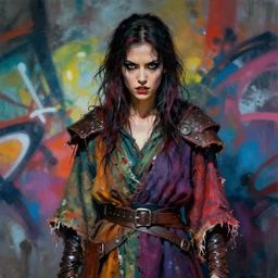 beautiful female sorceress in tattered robes of cloth and leather, vibrant colors, leering state, mid body portrait, close up, moody, spray can graffiti style, imprecise brushwork, bright and moody, artstation