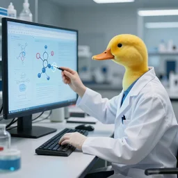 a duck scientist in a lab looking at chemistry molecule diagrams on a screen, duck scientist wear a labcoat, duck sits at a table, super resolution, 8k