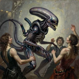liberals partying with a Xenomorph, hyper realistic, oil painting, mid 18th century