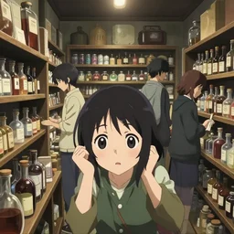 anime visual, portrait of a busy alchemist's potion shop interior with a young female traveler shopping, cute face by ilya kuvshinov, yoshinari yoh, makoto shinkai, katsura masakazu, moody, dynamic perspective pose, detailed facial features, kyoani, rounded eyes, crisp and sharp, cel shade, lomography