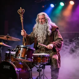 gandalf drumming in a funk band with an intricate magical staff, playing drums, fog machine, colored spotlights