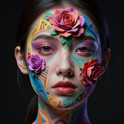 face of a pretty girl, with colorful geometric patterns, rose, intricate, complexity, volumetric dramatic light, dark black background, sharp focus, highly realistic, octane render, art by greg rutsowski