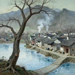 a gorgeous painting by barlowe wayne maxfield parrish and marco mazzoni. close - up shot on tree no leaf, no flower!! china mountain village!! smoke curling up from kitchen chimneys, grey blue and light verdancy. the lake ice is melting. the winding stone steps. ultra clear detailed. 3 d, octane render. chinese wuxia. 8 k