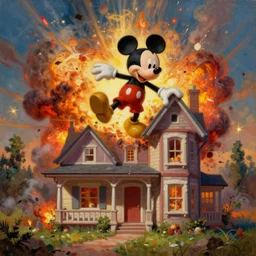 mickey mouse jumping out of an exploding house. oil painting