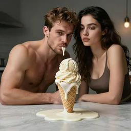 expressive ice cream gorgeous man melts on the table, digital art masterpiece, highly detailed pop surrealism, jason limon kay sage hannah yata, dramatic lighting, medium shot, low angle, uhd 8 k, sharp focus