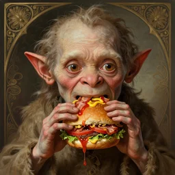 portrait of gollum eating hamburgers, extra bacon lettuce and tomato, flooding ketchup and mustard, ethereal, handsome, d & d, fantasy, intricate, elegant, highly detailed, digital painting, artstation, concept art, matte, sharp focus, illustration, art by artgerm and greg rutkowski and alphonse mucha