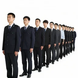 long line-up of suspects, full body view, studio photography, bureaucrat fashion, white background