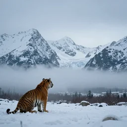 arctic landscape wide angle, mountains fully covered in snow in the background, a tiger looking at the mountains, wide angle, 1 8 mm, depth of field, foggy, moody, atmospheric, by alexander calder