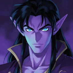 Handsome purple and Teal skinned Tiefling, striking azure eyes, black hair, Yoshitaka Amano, digital art