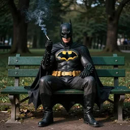 batman and alf smoking a cigarette sitting on a green park bench,