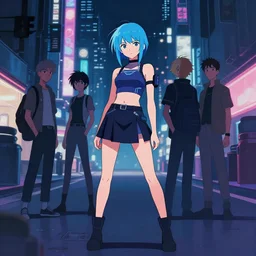 digital illustration of cyberpunk pretty girl with blue hair, wearing a crop top and a skirt, full body pose, in city street at night, by makoto shinkai, ilya kuvshinov, lois van baarle, rossdraws, basquiat