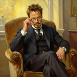 detailed oil painting of tony stark wiping his glasses, sitting in an armchair in a room with the setting sun, by thomas kinkade, rembrandt, golden hour