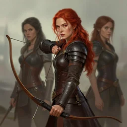 a red haired, red eyed woman, dark leather armor, holding a bow, by ingrit lima and june jenssen, artstation, behance