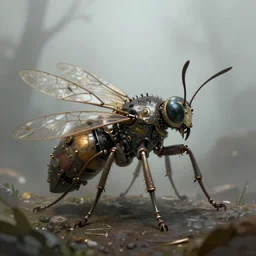 Macrophotography of a steampunk biomechanical insect, 3d, digital painting, foggy ambient