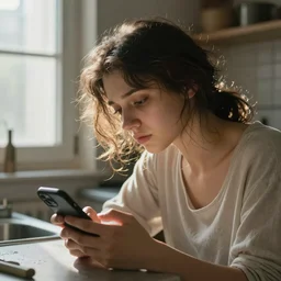 it's morning in the kitchen. a tired young woman with messy hairstyle is texting on her smartphone, by the window. sunlight is beautifully lighting the face. depth of field, in the sun, backlit, closeup, oil on canvas, art by botticelli 1 4 9 9, in the style of the birth of venus, smooth, renaissance, florentine painting, 8 k