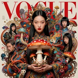 pretty chinese girl holds hallucination mushroom : : by martine johanna and simon stalenhag and chie yoshii and casey weldon and wlop : : ornate, dynamic, particulate, rich colors, intricate, elegant, highly detailed, centered, vogue, fashion magazine, smooth, sharp focus, octane render, 8 k