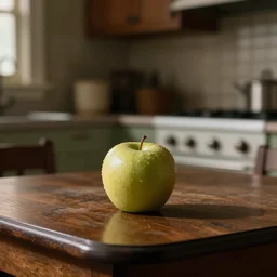an apple is sitting on the table of a 1 9 5 0 s era kitchen, sigma lens, strong bokeh, photography, highly detailed, 8 5 mm, f / 1. 3, dramatic lighting, 4 k