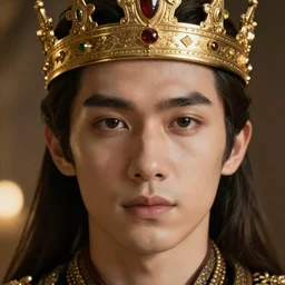 realistic portrait of the future king with golden crown and pretty eyes, ultra realistic, 8k