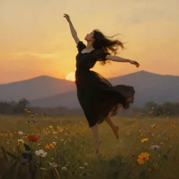 oil painting portrait of a young woman with long dark flowing hair in a black dress, dancing levitating floating over a field of flowers at sunset with mountains in the background, hazy, digital art, chiaroscuro, artstation, cinematic, golden hour, digital art painting by greg rutkowski, bouguereau, 7 0 s japanese sci - fi book art, hazy atmosphere, flowers, cinematic lighting