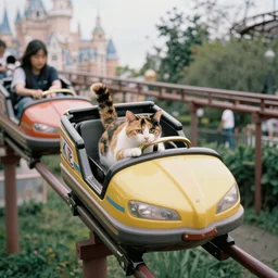 film still of a calico cat riding a roller coaster in disneyland, 8 k