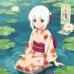 a cute white haired anime! girl wearing a maple pattern kimono sitting in a body of water, a character portrait by kano sansetsu, pixiv contest winner, fantasy art, official art, anime aesthetic, tarot card, lily pads, kimi no na wa, shinsekai yori, depth of focus, depth of field, anime art