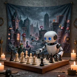 a beautiful tapestry of a dream, a small robot playing 3 d chess, ultra detailed, cityscape, rainstorm, atmospheric, steampunk, moody, candles, characters from machinarium, by don bluth, trending on artstation, octane render, 8 k, ultra realistic