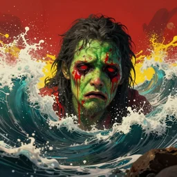 the pain is splattered on the sad monster's green face while huge waves crash against him, hints of red and yellow, fantasy, unreal engine