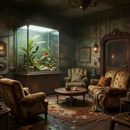 artstation scifi scene of a shabby american room in 1 9 2 0 s, lounge furniture, large terrarium, beds, paneled walls, unreal engine 5, hyper realism, realistic shading, cinematic composition, blender render, octane render, hdr, detailed textures, photorealistic, wide shot