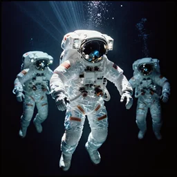transparent astronauts in dark underwater void - complex and hyperdetailed suit. reflection and dispersion materials. rays and dispersion of light. glowing lights. volumetric light. f / 3 2. noise film photo. flash photography. ultra realistic, wide angle. poster by wayne barlowe, hajime sorayama aaron horkey, craig mullins