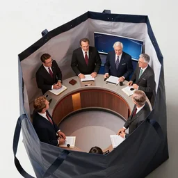 interior of shopping bag top down view containing president nixon and cavett show host and van dyke and clark host