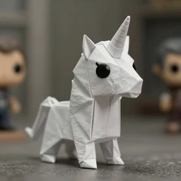 beautiful three point perspective film still of funko pop origami unicorn in blade runner, extreme closeup portrait in style of frontiers in miniature porcelain photography fashion architectural art studio edition, miniature porcelain android portrait, eye contact, tilt shift style pointe scene background, soft lighting, kodak portra 4 0 0, 8 k, macro, cinematic style by emmanuel lubezki