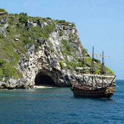 photo of a jamaican shoreline cliff with a cave and a spanish galleon in the foreground