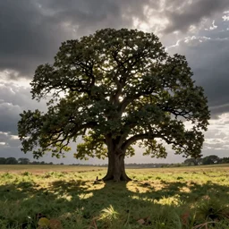 a photo of a oak at the end of a field