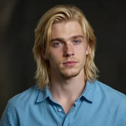 digital portrait of a skinny european male, slightly longer blond hair and a light stubble beard, wearing a light blue shirt, blue eyes, rugged, teenage no, fantasy, wizard, trending artstation, dungeons & dragons, relaxed expression, dark lighting, high detail
