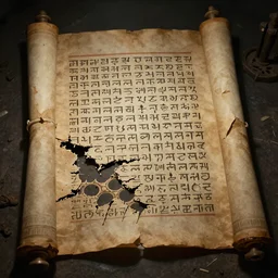 ultra - realistic disconcerting photo of a partially damaged dead sea scroll in the style of the necronomicon with nabeatean aramaic in sideways columns, dark, brooding, volume lighting, atmospheric lighting, painted, intricate, ultra detailed, well composed, best on artstation, cgsociety, epic, stunning, gorgeous, intricate detail, wow, masterpiece