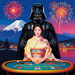 hyperrealistic composition, in the middle the woman in a japanese kimono, behind her stands the darth vader, in front of her a table from the casino, in the background is mount fuji and fireworks, pop - art style, jacky tsai style, andy warhol style, acrylic on canvas