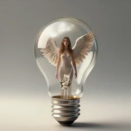 an empty light bulb, with a woman trapped inside of it. the woman has wings.