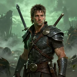 A fantasy comic book style portrait painting of Mel Gibson as a survivalist warrior in a a post apocalyptic landscape in green mist, unreal 5, DAZ, hyperrealistic, octane render, RPG portrait, ambient light, dynamic lighting