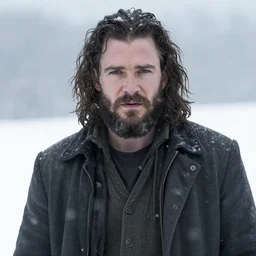 kit harington as a homeless man with a long shaggy beard, snowy background, snowing, promotional image, tv still frame